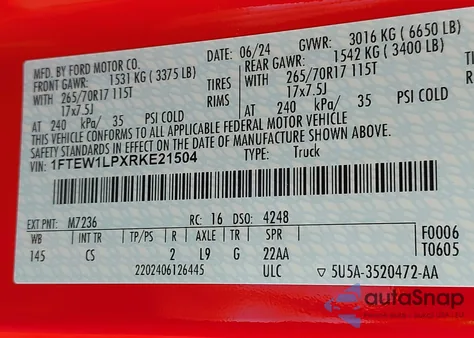 2024 Ford F-150 Xl from USA, damaged, VIN 1FTEW1LPXRKE21504